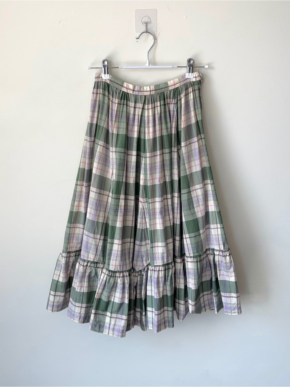 Vintage Ralph Lauren Plaid Ruffle Skirt Sz 6 Midi Cotton Madras 80s Blue Label
